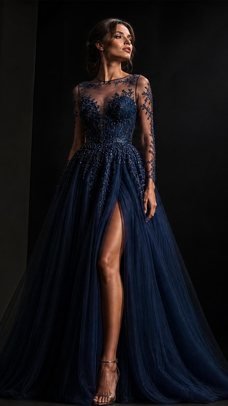 AURA NOCTURNE - Midnight Navy Tulle Haute Couture Gown